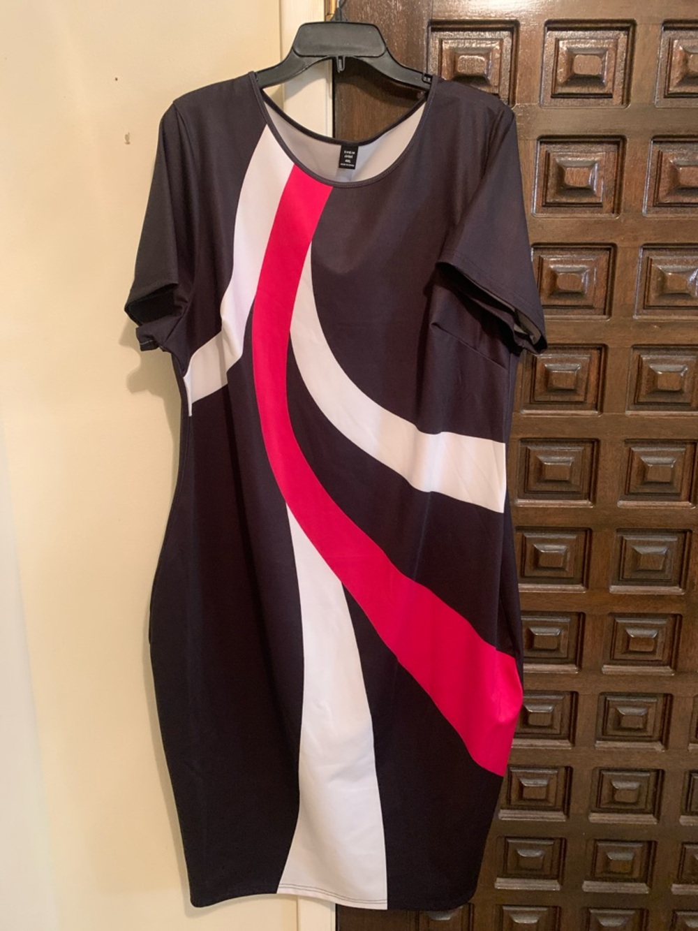 Black Midi Dress with White and Pink Wave Panels